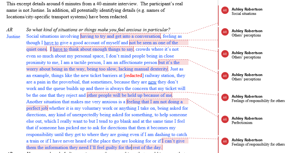 Example of a transcript coded using comments on Microsoft Word